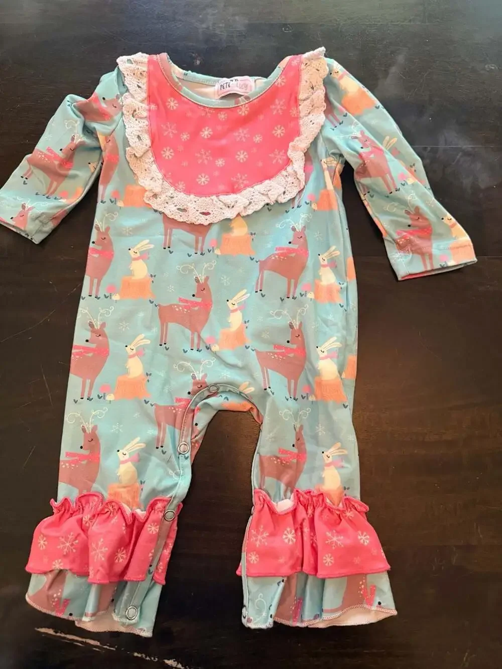 Pete + Lucy Winter Deer and Bunny Christmas Long Sleeve Ruffle Romper 3-6M